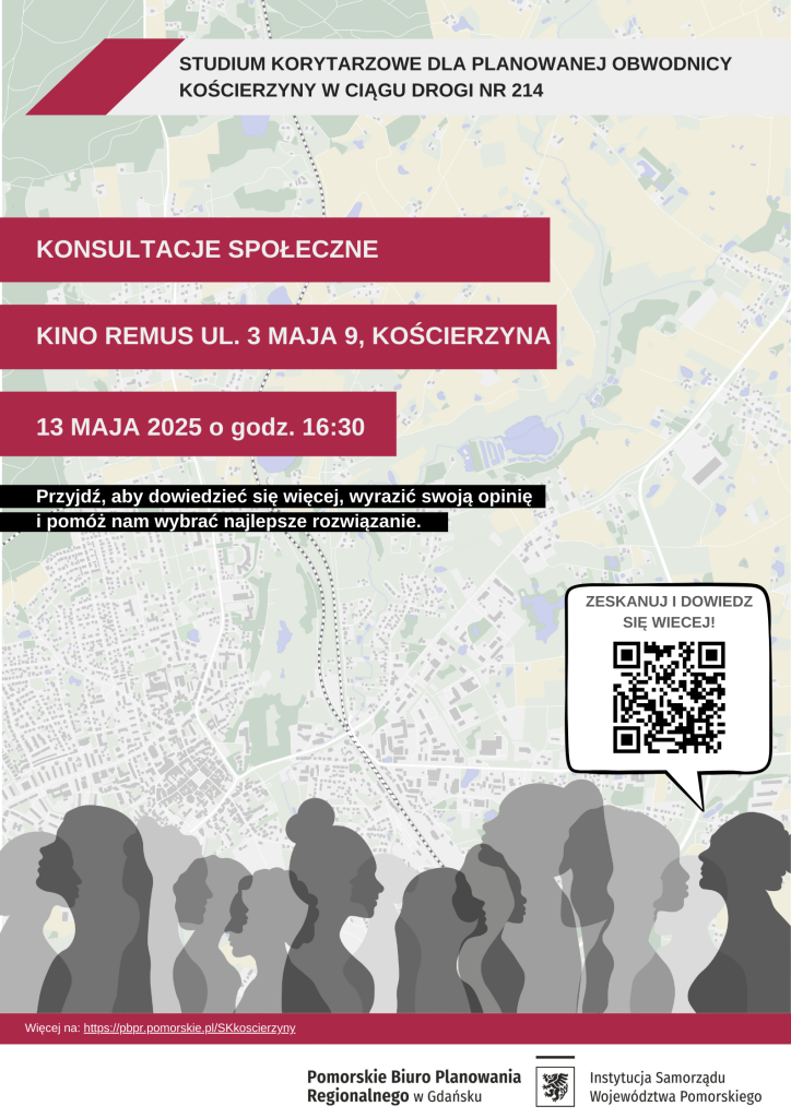 Plakat informujący o spotkaniu konsultacyjnym w sprawie Studium Korytarzowego Obwodnicy Kościarzyny w ciągu drogi nr 214.